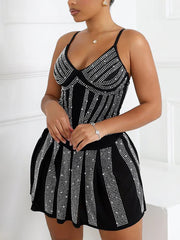Sexy Mesh Rhinestone Pleated Mini Dress