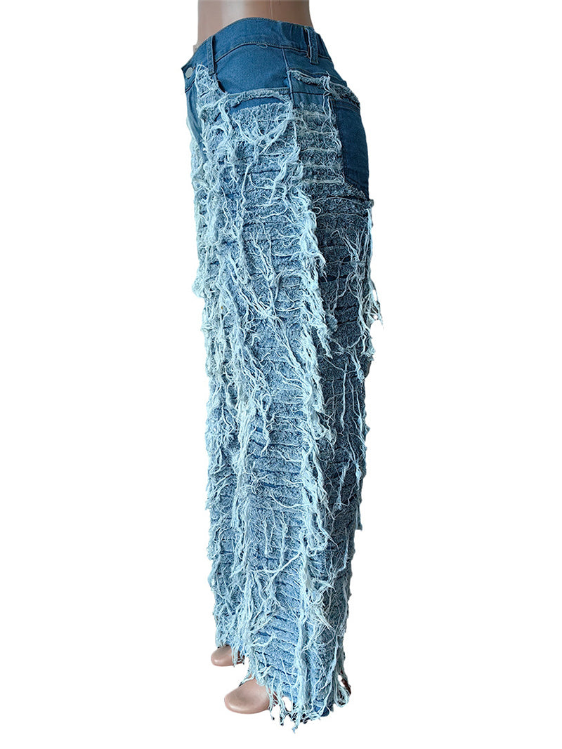 Fashion Tassels Elastic Straight Jeans