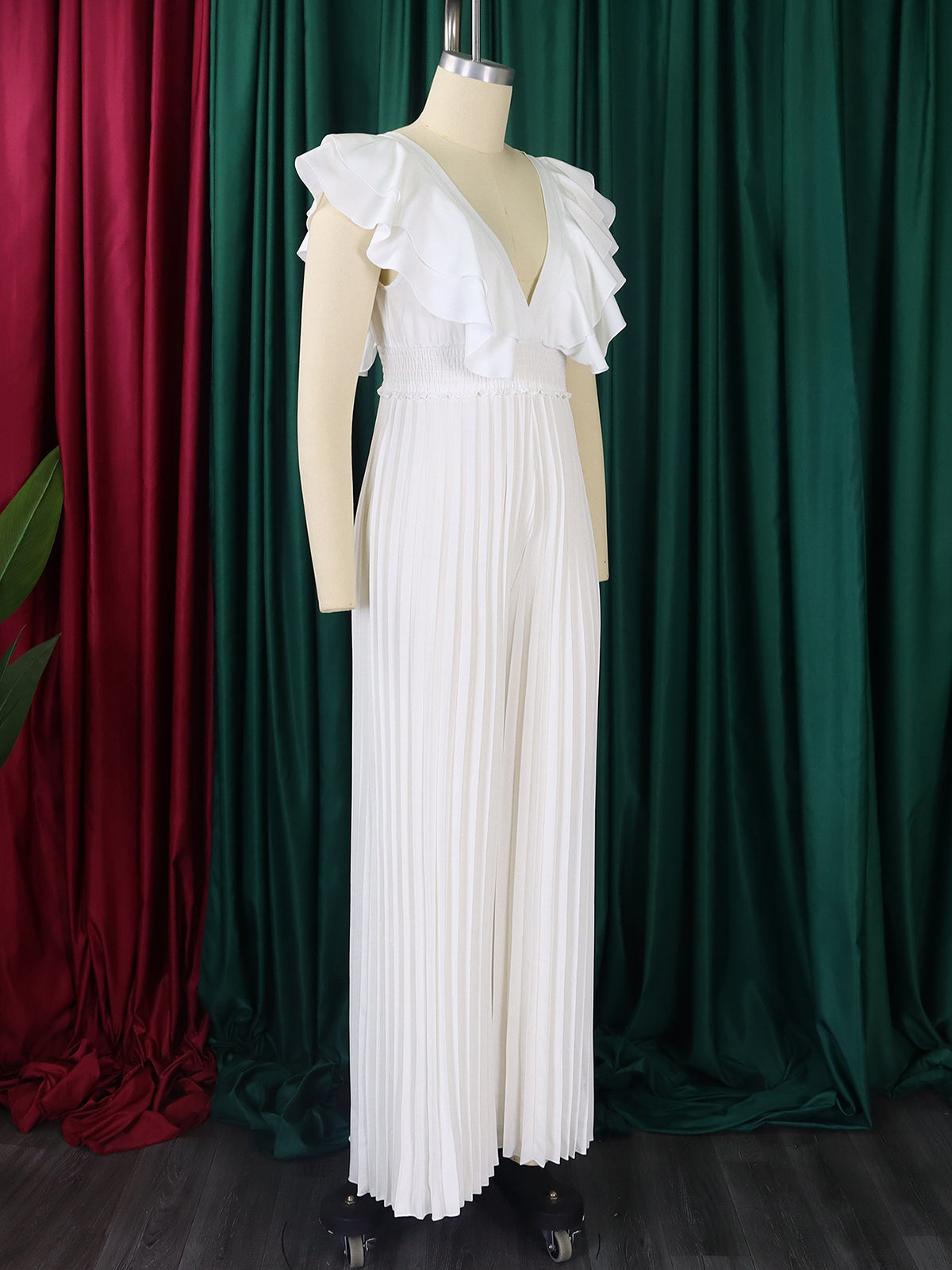 Elegant V Neck Ruffle Pleated Wide Leg Jumpsuit