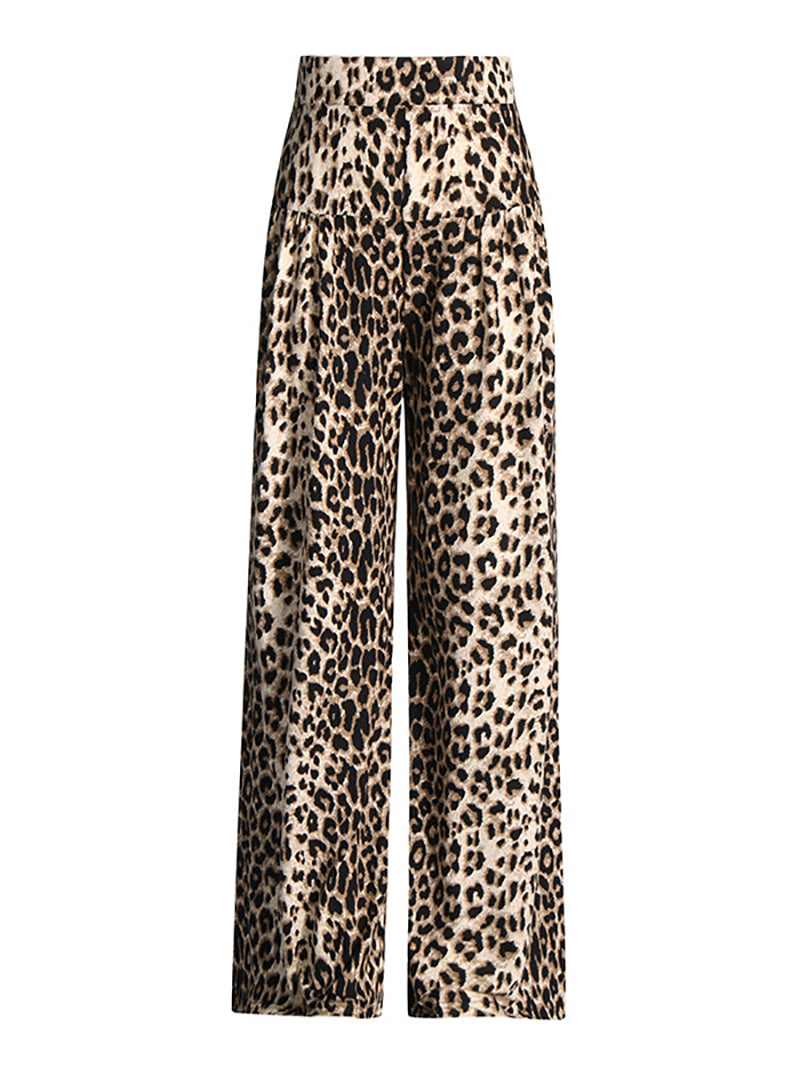 Elegant Leopard Print High Waisted Flowy Wide Leg Pants