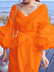 Elegant V Neck Cross Bandage Bubble Sleeve Shirts