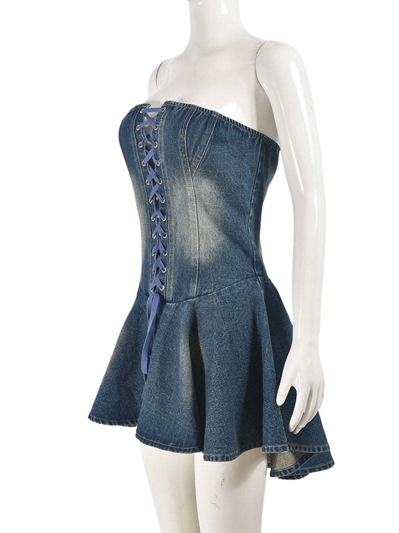 Sexy Strapless Denim Bandage Ruffles Dress