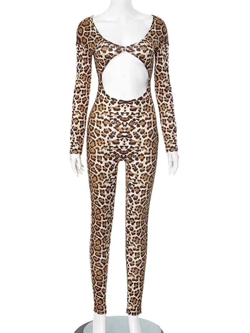 Sexy Leopard Print Hollow out Tight Jumpsuit