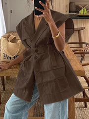 Casual Button V Neck Belted Sleeveless Top