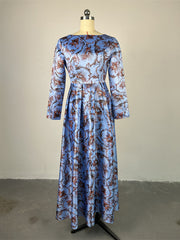 Fashion Round Collar Print Cinched Waist A-Line Dress