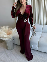 Sexy Rhinestones V Neck Velvet Jumpsuit