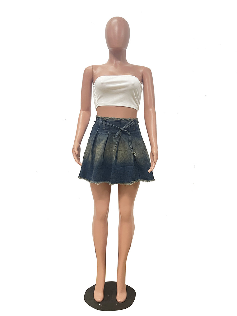 Casual High Waist Washed Denim Pleated Skirt