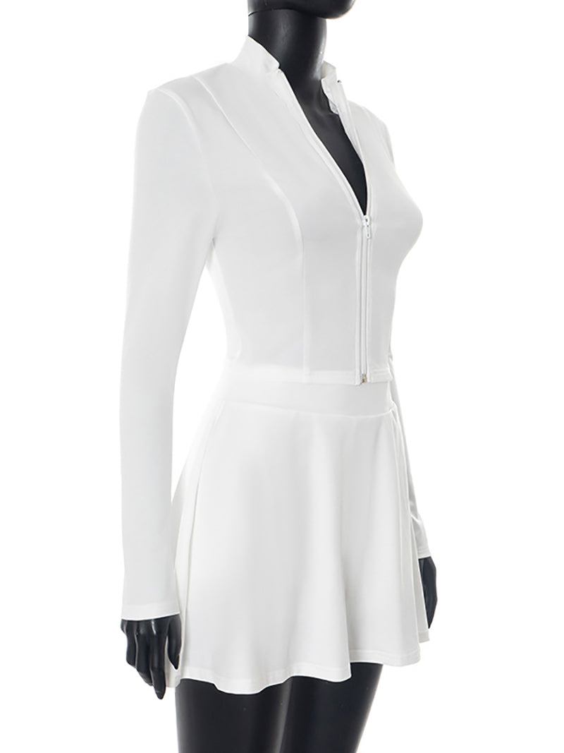 Stand Collar Zipper Slim Top Mini Skirt Set