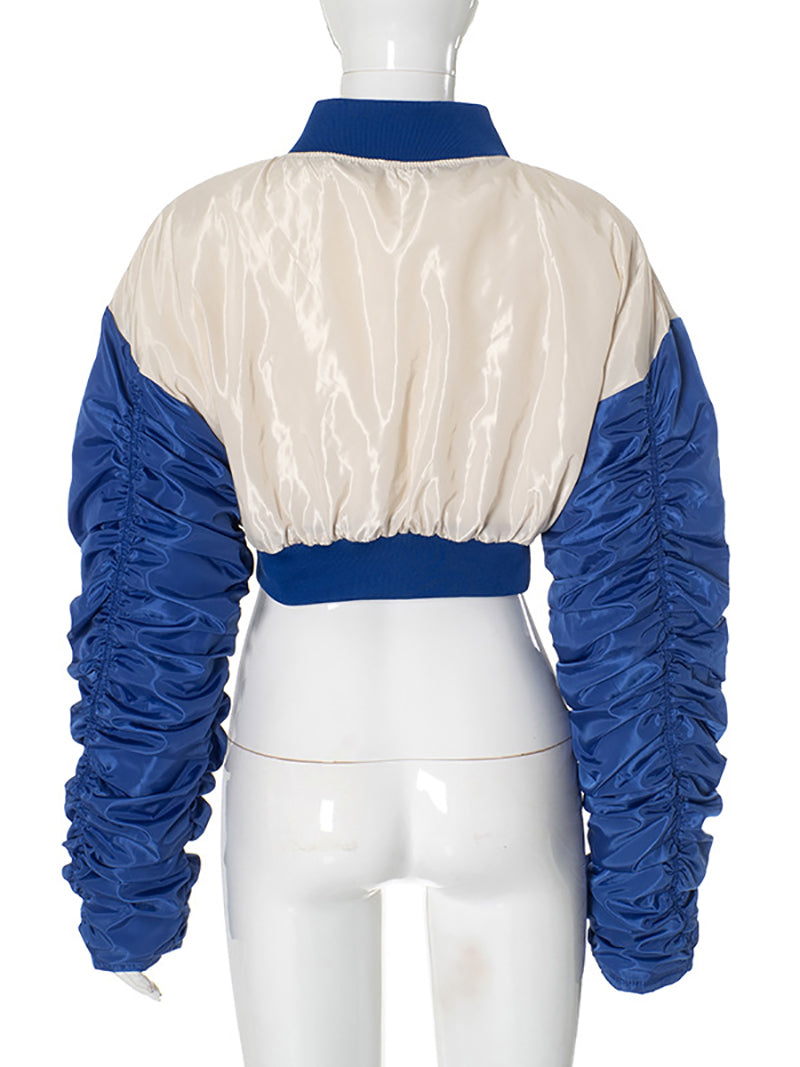 Fashion Ruched Embroidery Baseball Cropped Jacket