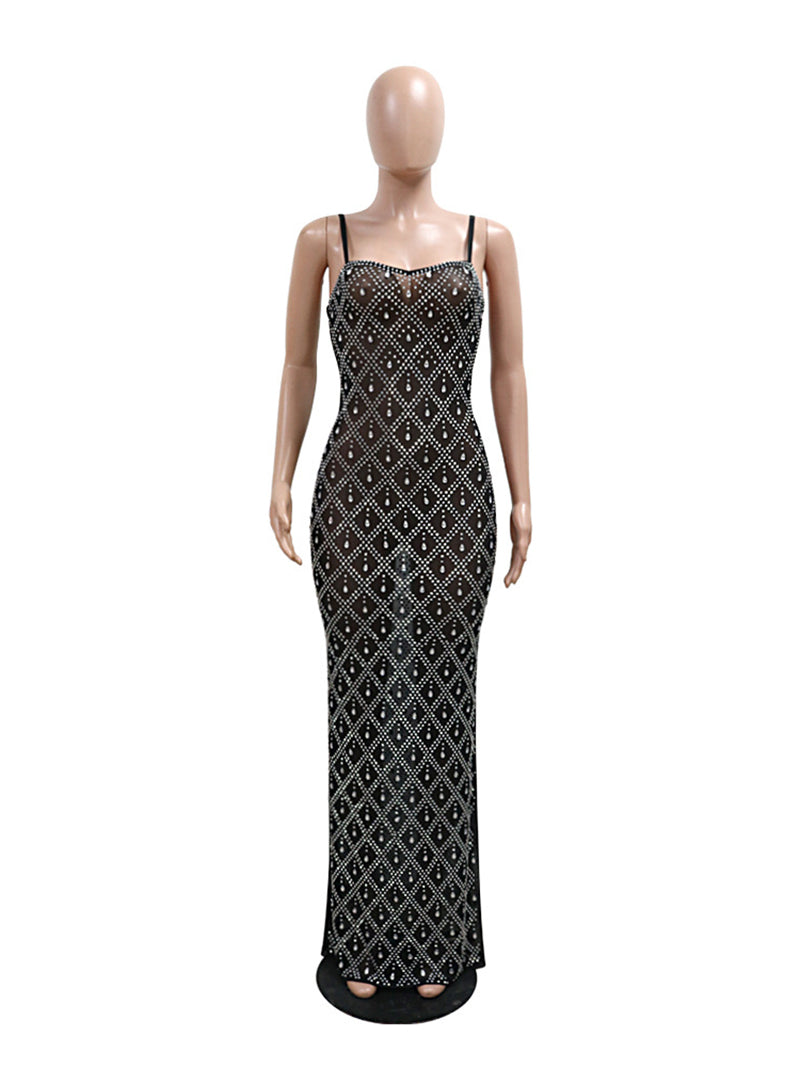 Rhinestones See-Through Spaghetti Strap Evening Dress