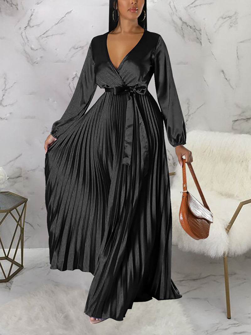 V Neck Cocktail Party Maxi Pleated Dress