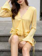 Fashion V Neck Flare Sleeve Ruffle Slim Shirt Top