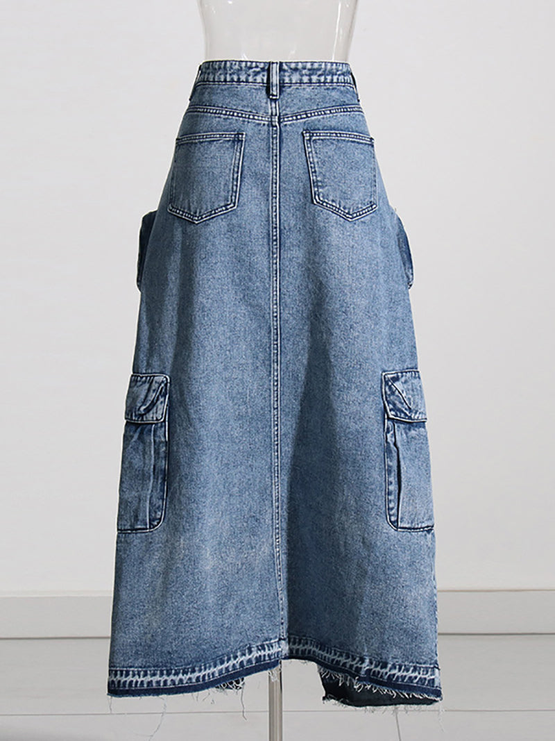 Casual High Waist Denim Cargo Skirt