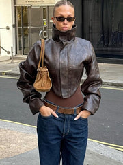 High Collar Corset Waist Faux Leather Jacket