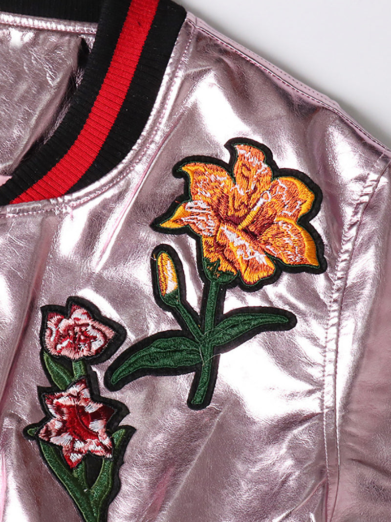 Vintage Floral Embroidery Short Leather Jacket