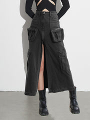 Casual High Waist Denim Cargo Skirt