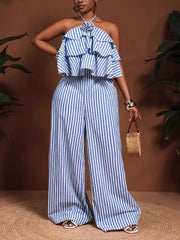 Fashion Striped Halter Backless Wide Leg Jumpsuits