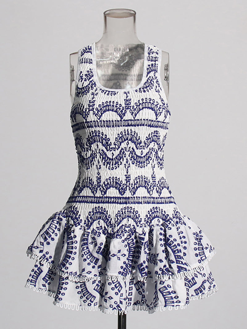 Fashion Sleeveless Embroider Ruffle Mini Dress