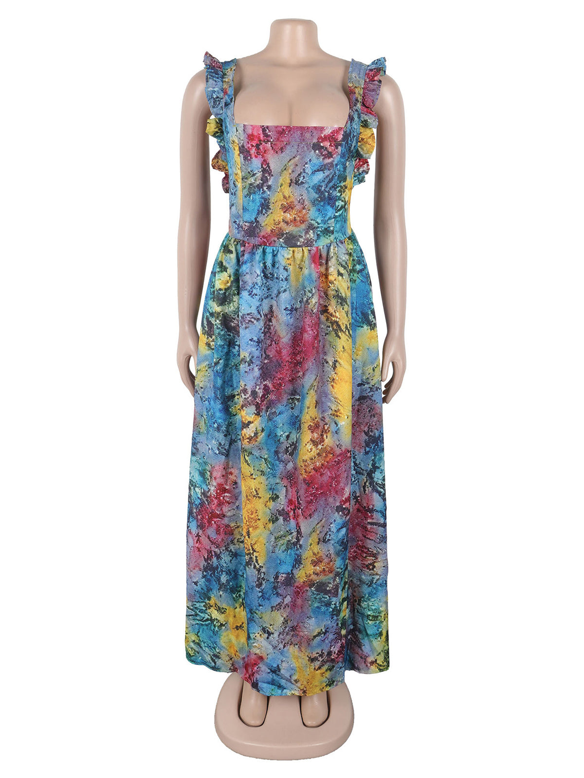 Fashion Print Backless Lace-up Pleated Maxi Dress