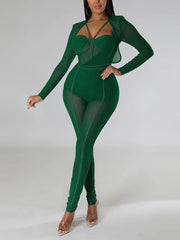 Sexy Mesh Patchwork Sheer Night Club Bodycon Jumpsuit