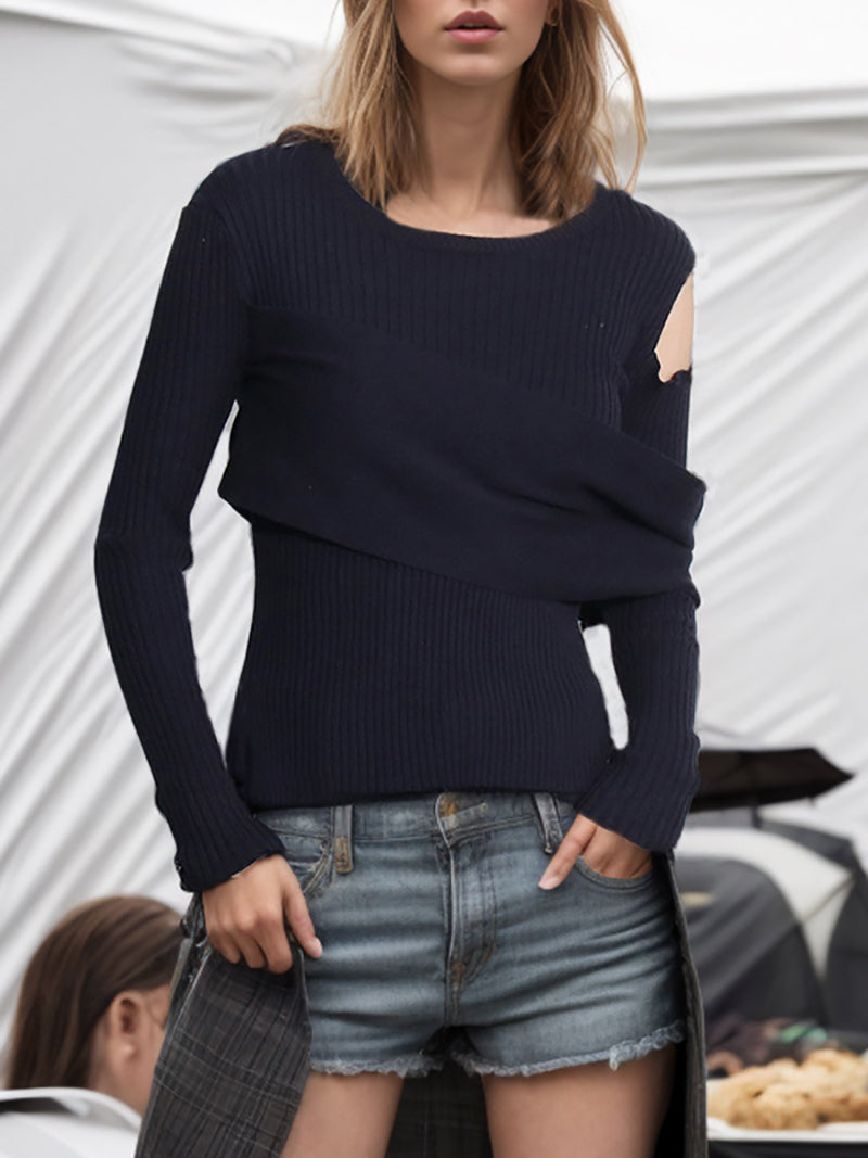 Round Neck Slim Asymmetrical Knit Sweater
