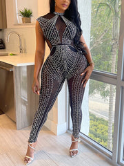 Sexy See through Rhinestone Club Jumpsuit