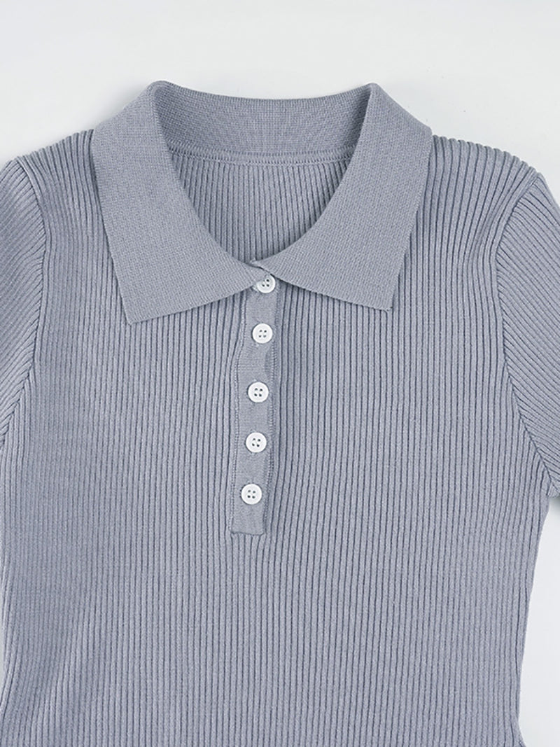 Fashion Polo Collar Button Sweater Mini Dress