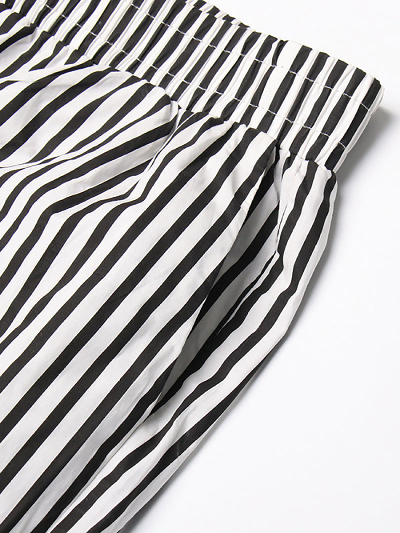 Lapel Off Shoulder Stripe Top And Straight Trousers Set