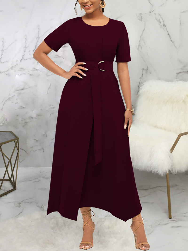 Elegant Round Neck Belted Hem Maxi Dress