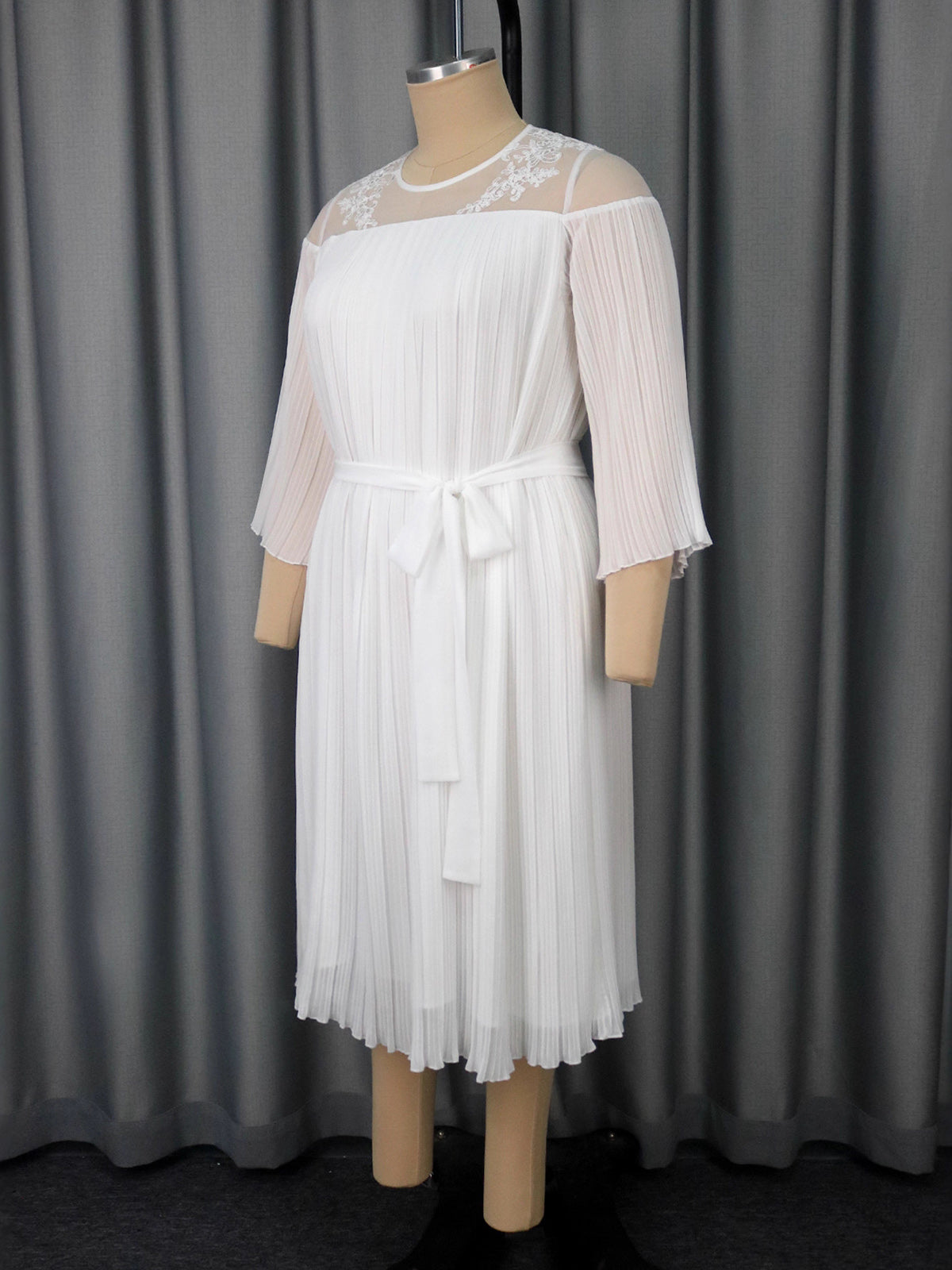 Elegant O Neck Sheer Mesh Ruffle Bandage Midi Dress