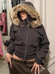 Faux Furry Trim Hooded Fitted Cropped Jacket