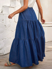 High Waist Ruffle Hem Maxi Denim Skirt