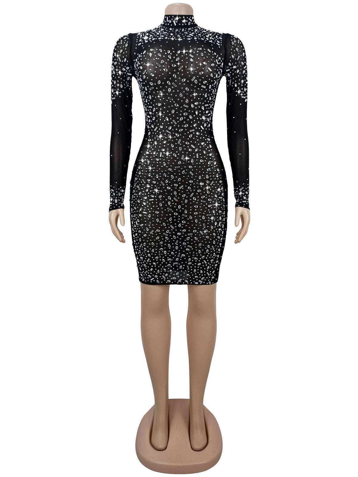 Sexy Rhinestone Mesh Sheer Bodycon Midi Dress