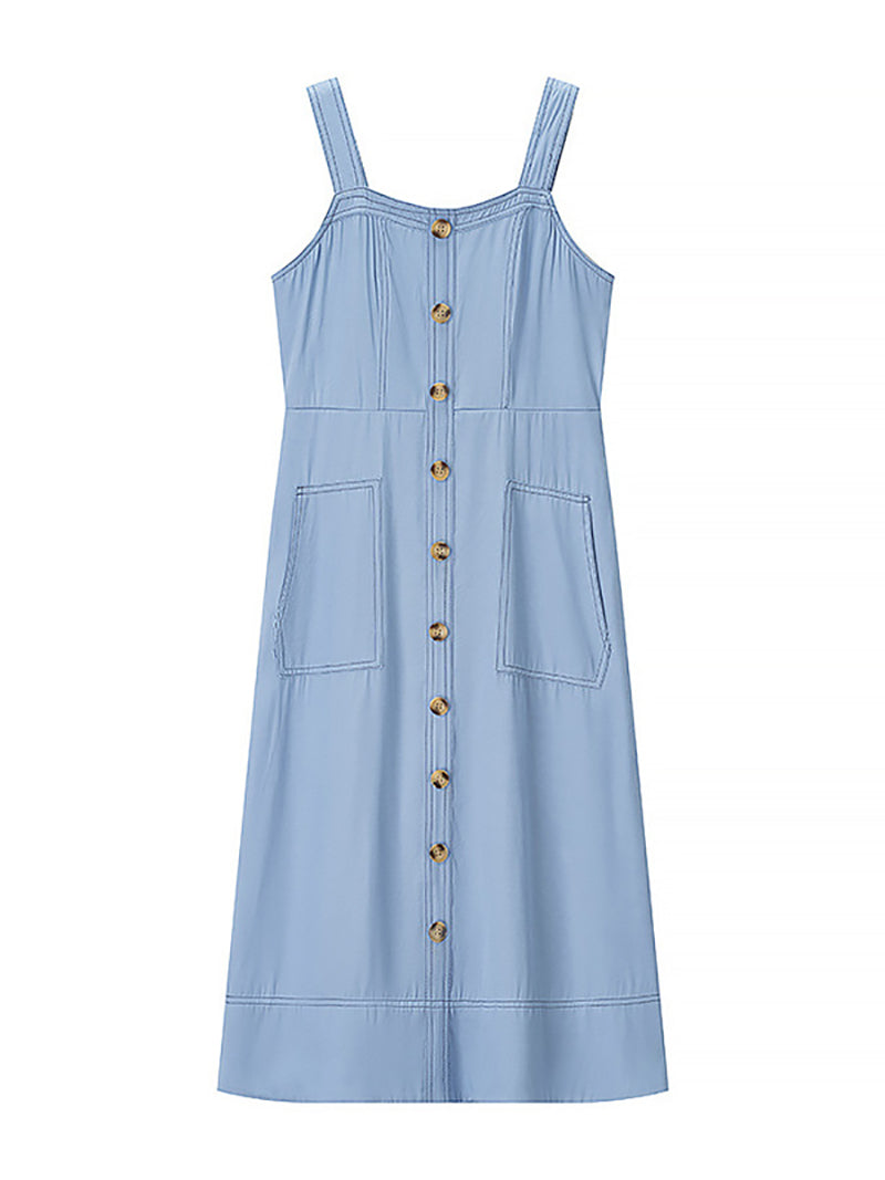 Denim Suspender Button-Down Casual Midi Dress