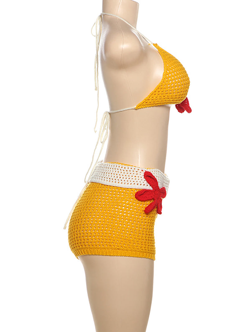 Sexy Bikini Crochet Flower Embellishment Shorts Set