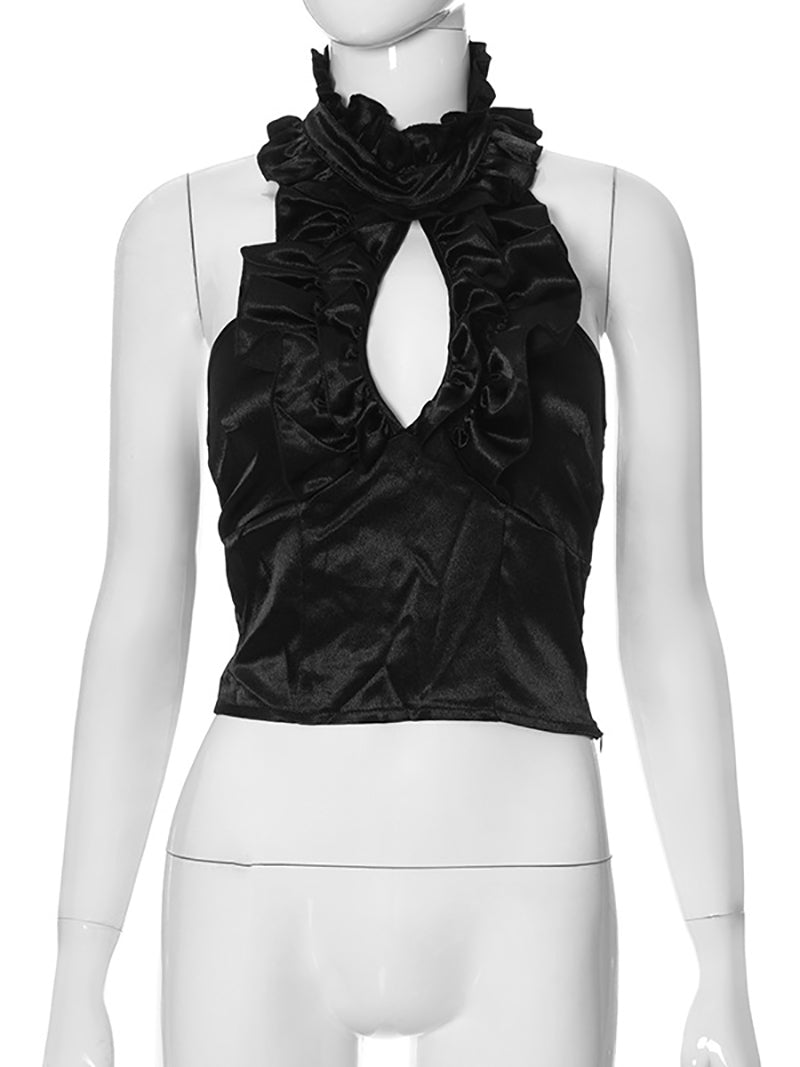 Shimmering Ruffled Sleeveless Halter Top