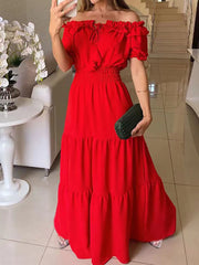 Fashion Off Shoulder Ruffle Cinched Waist Maxi Dress