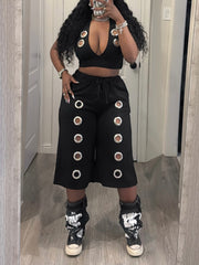 Casual Halterneck Crop Vest Wide Leg Capri Pants Set