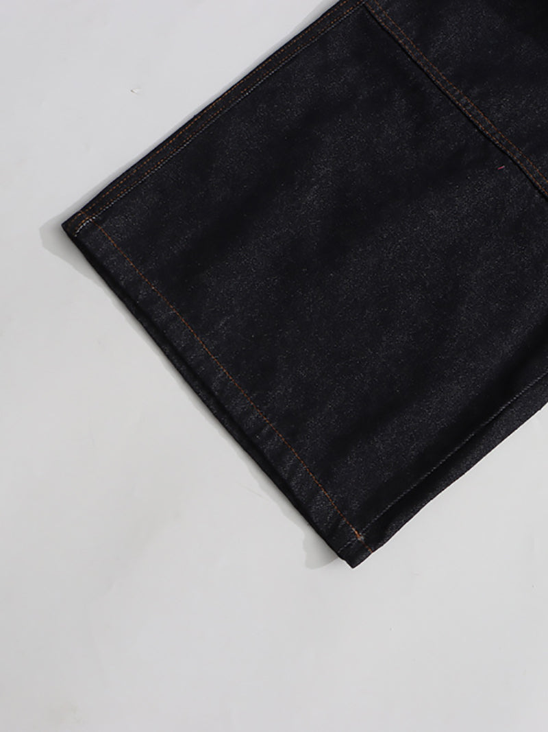Solid Spliced Button High Waist Straight Jeans