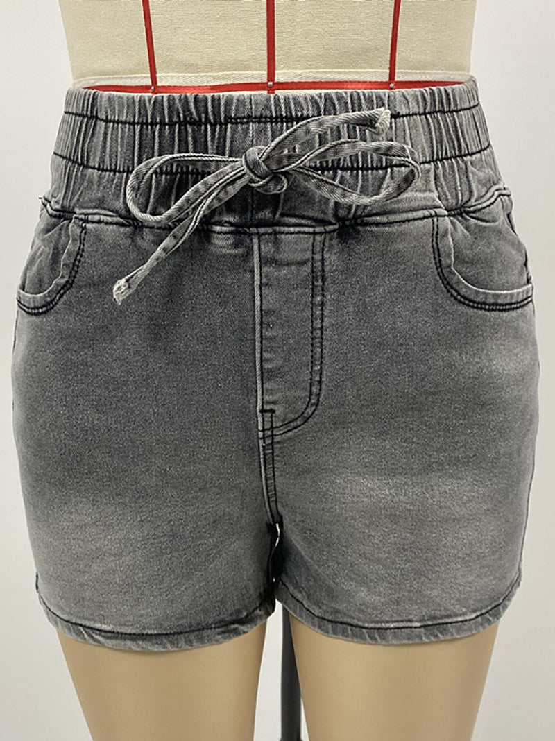 Casual Elastic Waist Lace-Up Denim Shorts