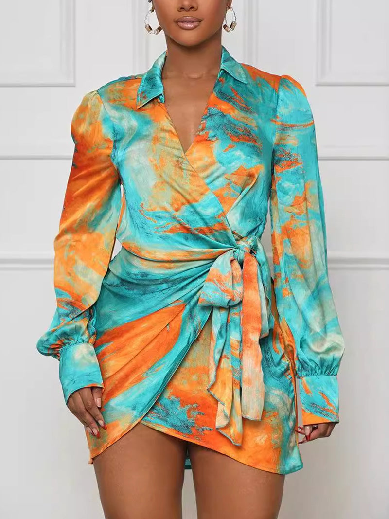 Fashion Printing Long Sleeve V-Neck Mini Dress