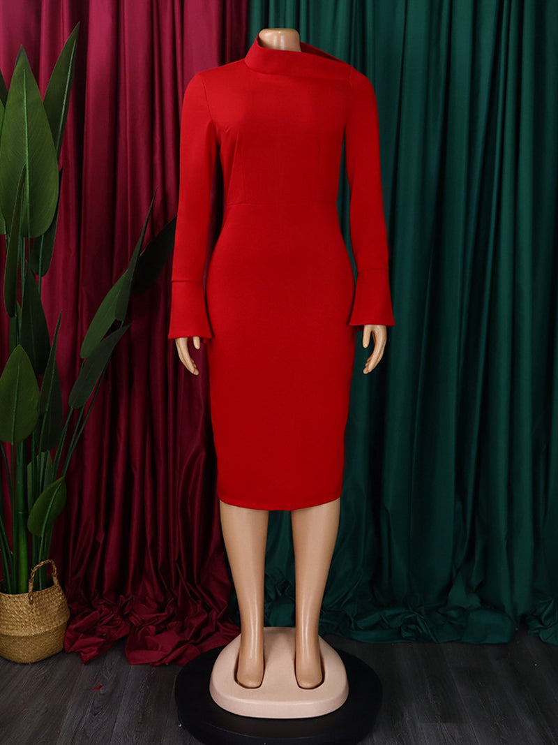 Fashion Oblique Collar Solid Bodycon Midi Dress