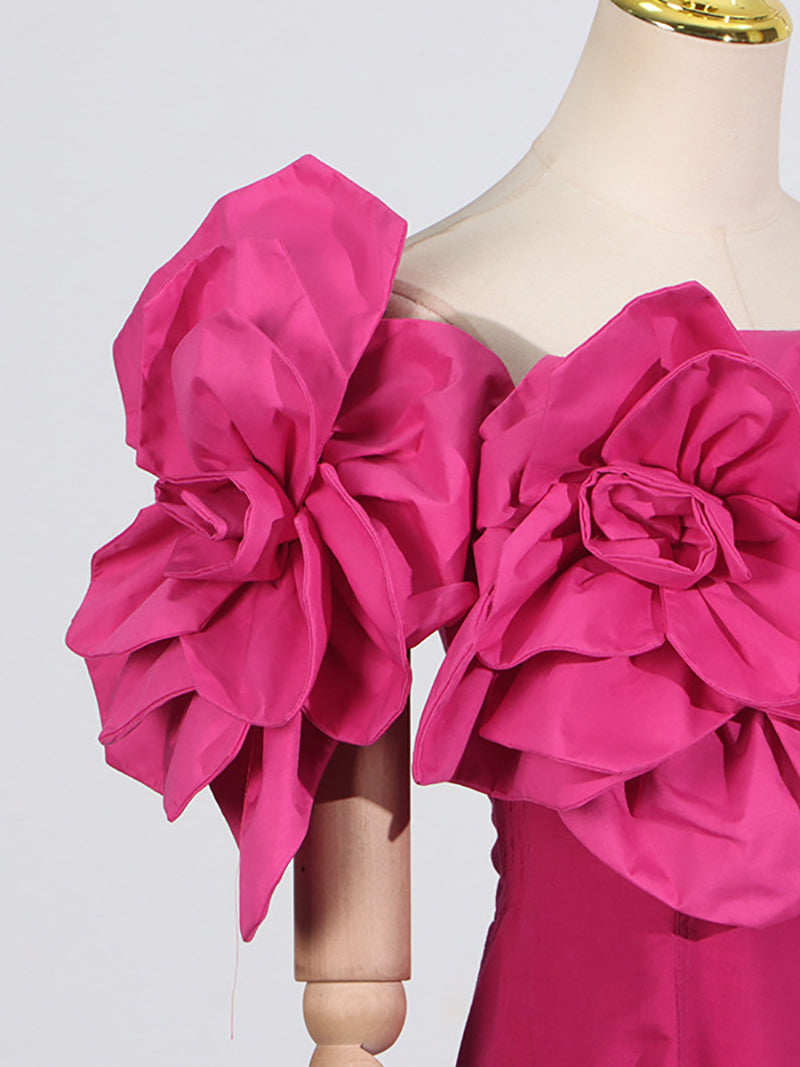 Elegant Off Shoulder Floral Applique Slim Midi Dress