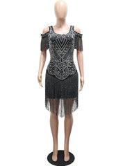 Rhinestone Fringe Short Sleeve Mini Dress
