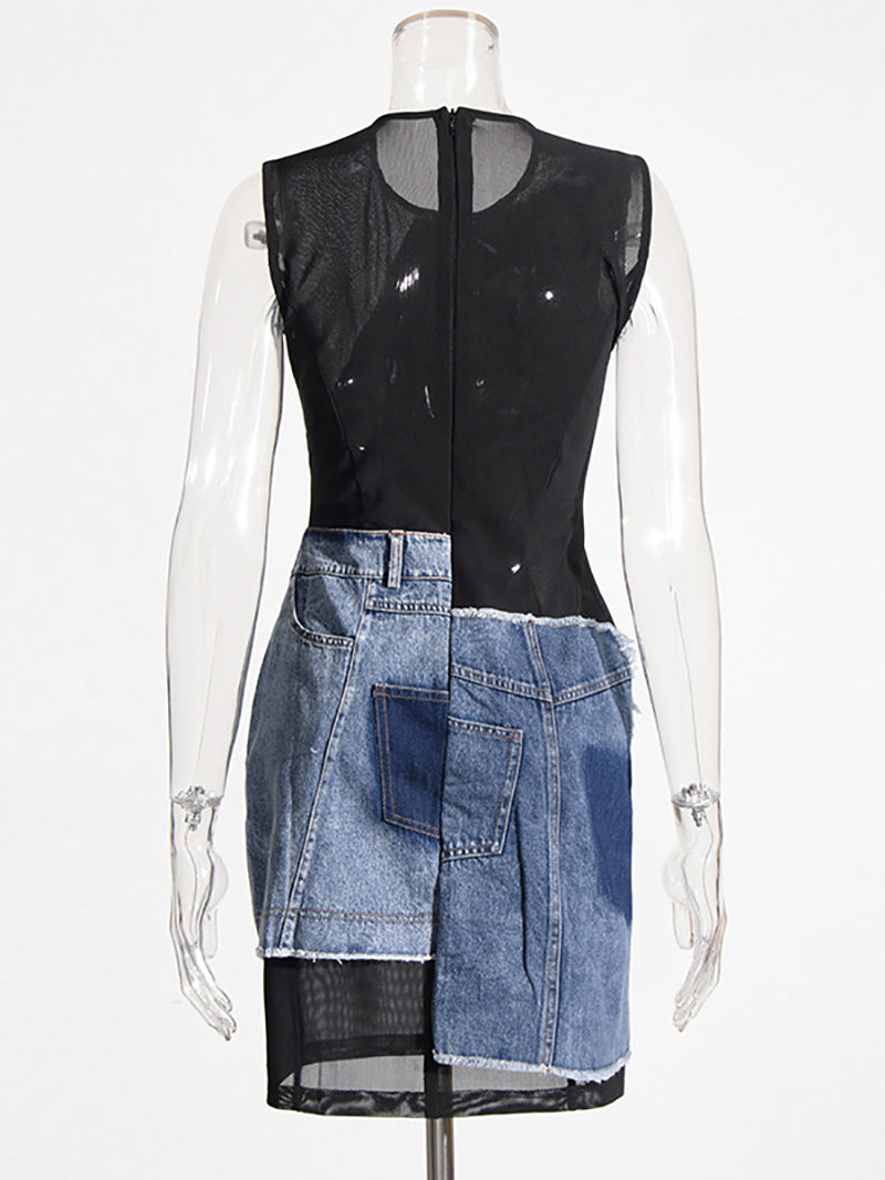 Fashion Denim Patchwork Mesh Package hip Dress