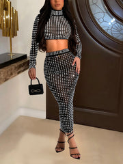 Rhinestones Sheer Mesh Crop Tops Skirts Sets