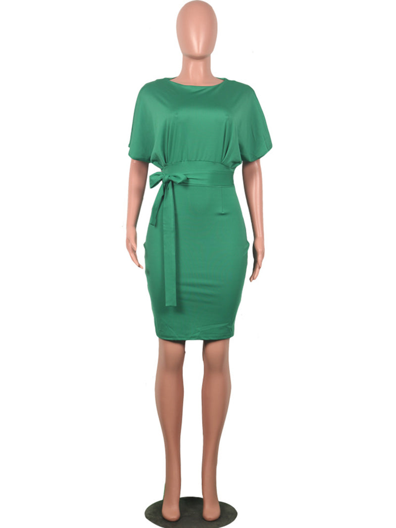 Solid Color Short Sleeve O Neck Belt Bodycon Dress