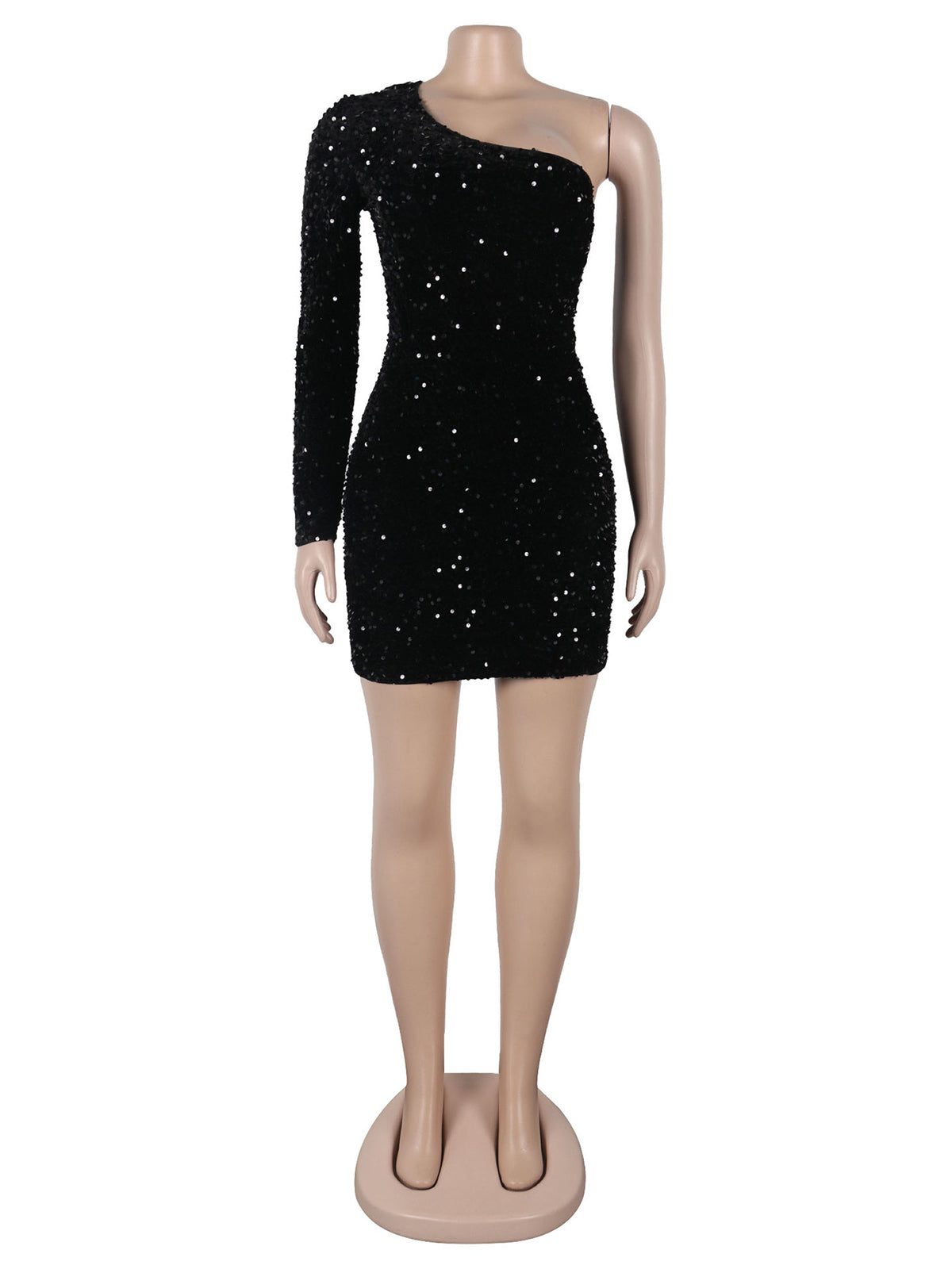 One Shoulder Long Sleeve Sequins Bodycon Dress