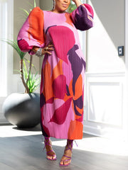 Print Ruched Lantern Sleeve Maxi Dresses