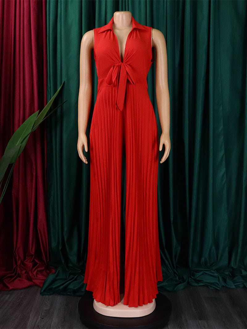 Turn-down Collar Lace-up Pleated Wide Leg Jumpsuit